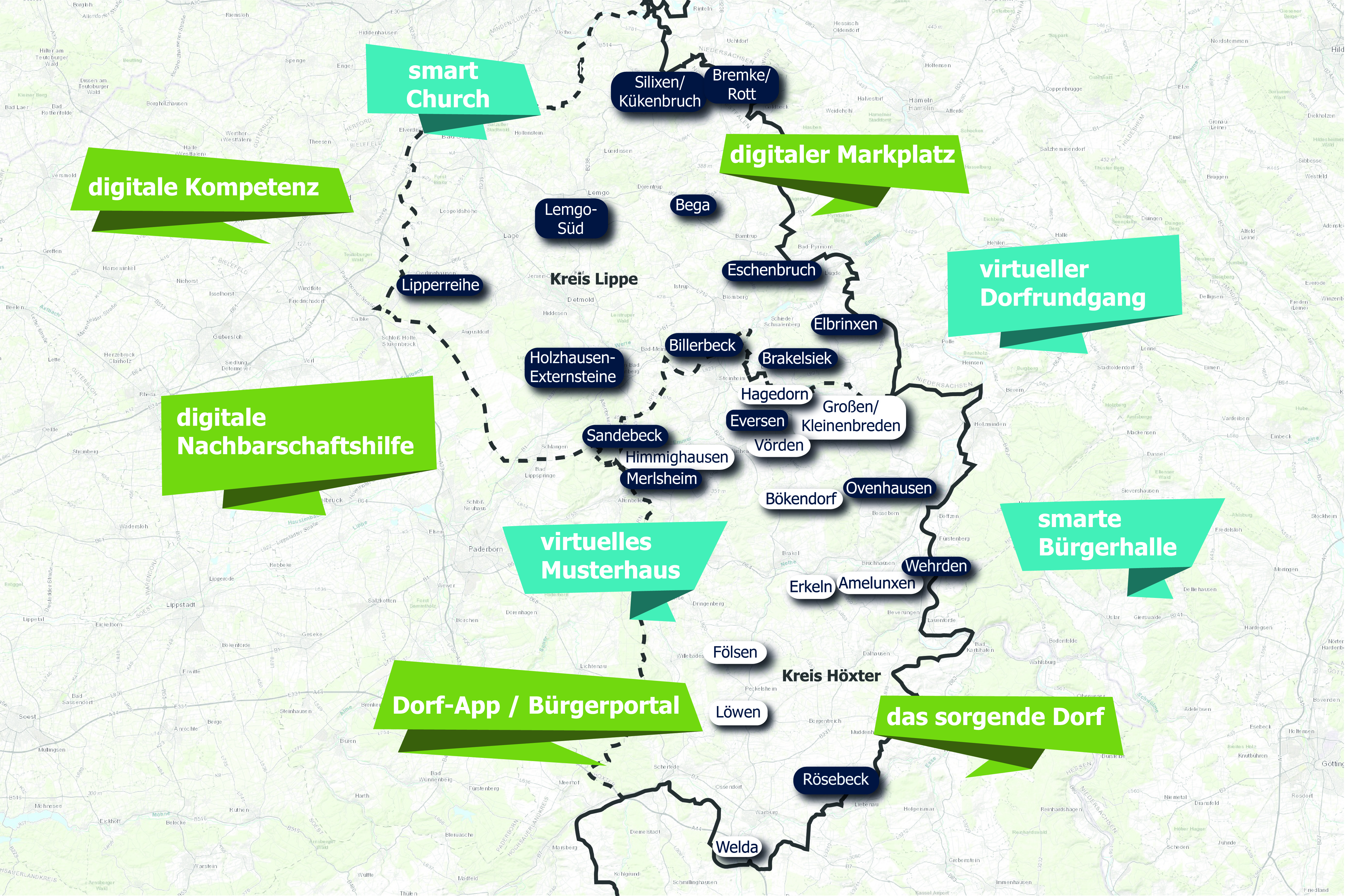 Eine Karte, die die 16 Modelldörfer der Kreise Lippe und Höxter anzeigt. Sie sind versehen mit bunten Kästchen, aus denen hervorgeht, was die Dörfer planen, z.B. Kirchen-App oder Dorf-App.