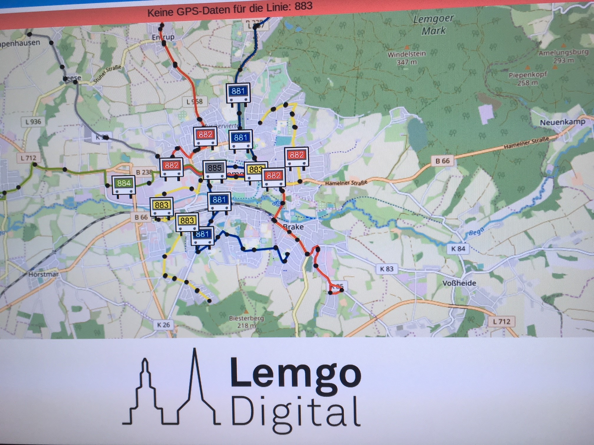 Übersichtskarte über die Buslinien in Lemgo und ihren aktuellen Standort