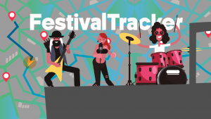 Eine Grafik in bunten Farben. Eine Band in bunten Kost&uuml;men steht auf der B&uuml;hne. Im Hintergrund steht in gro&szlig;en wei&szlig;en Buchstaben: Festival-Tracker